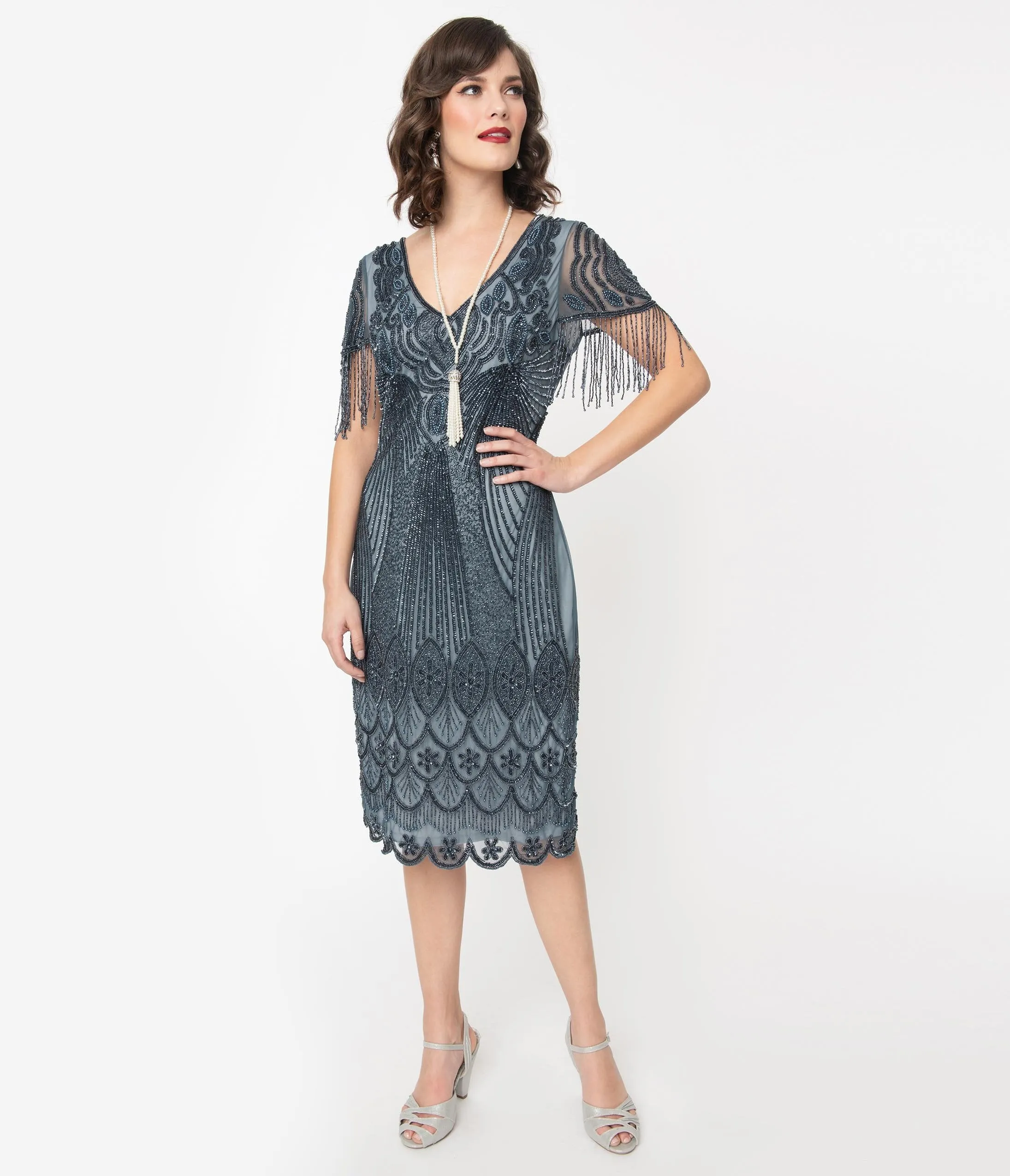 1920s Blue Grey Beaded Marta Flapper Dress