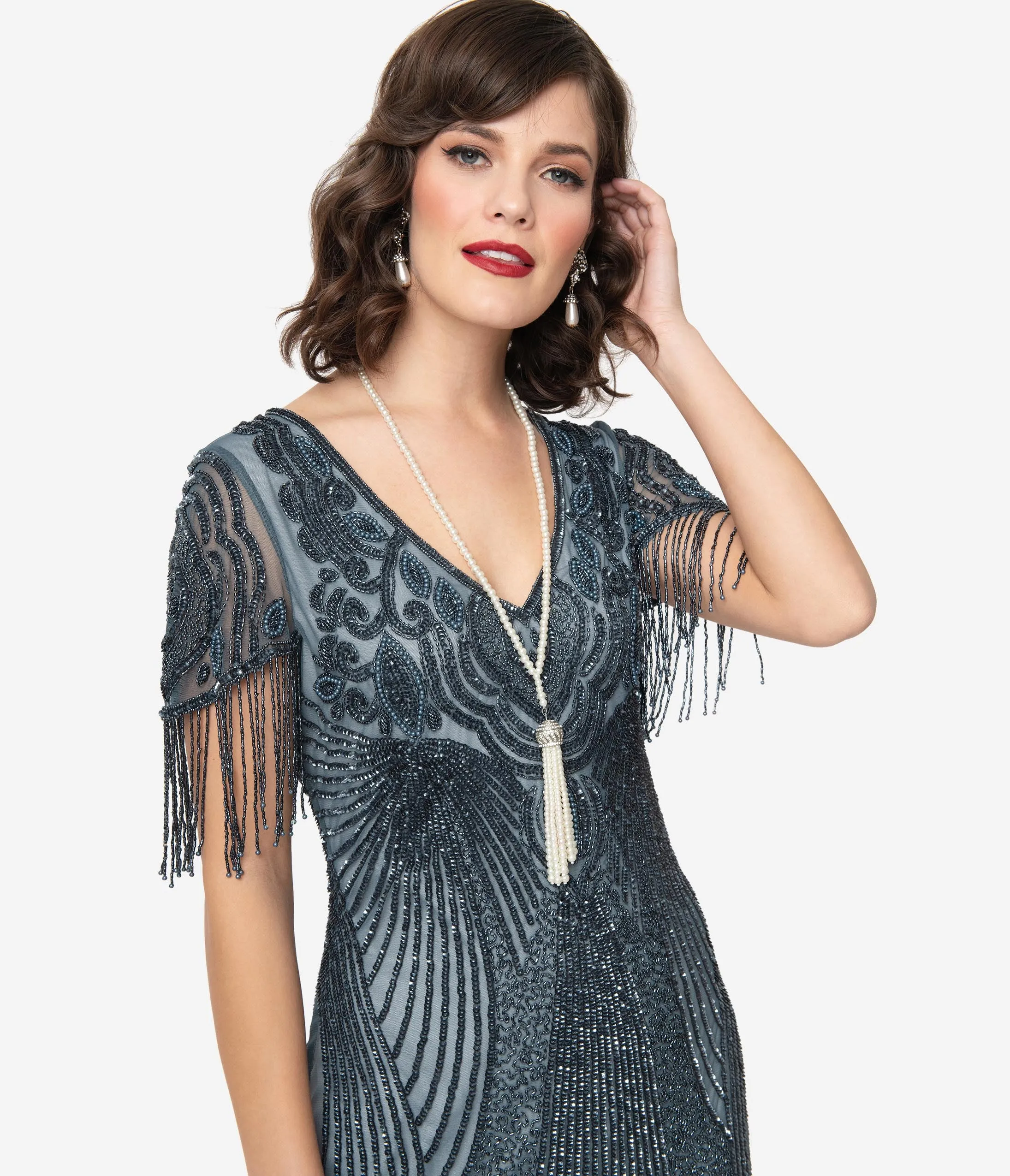 1920s Blue Grey Beaded Marta Flapper Dress