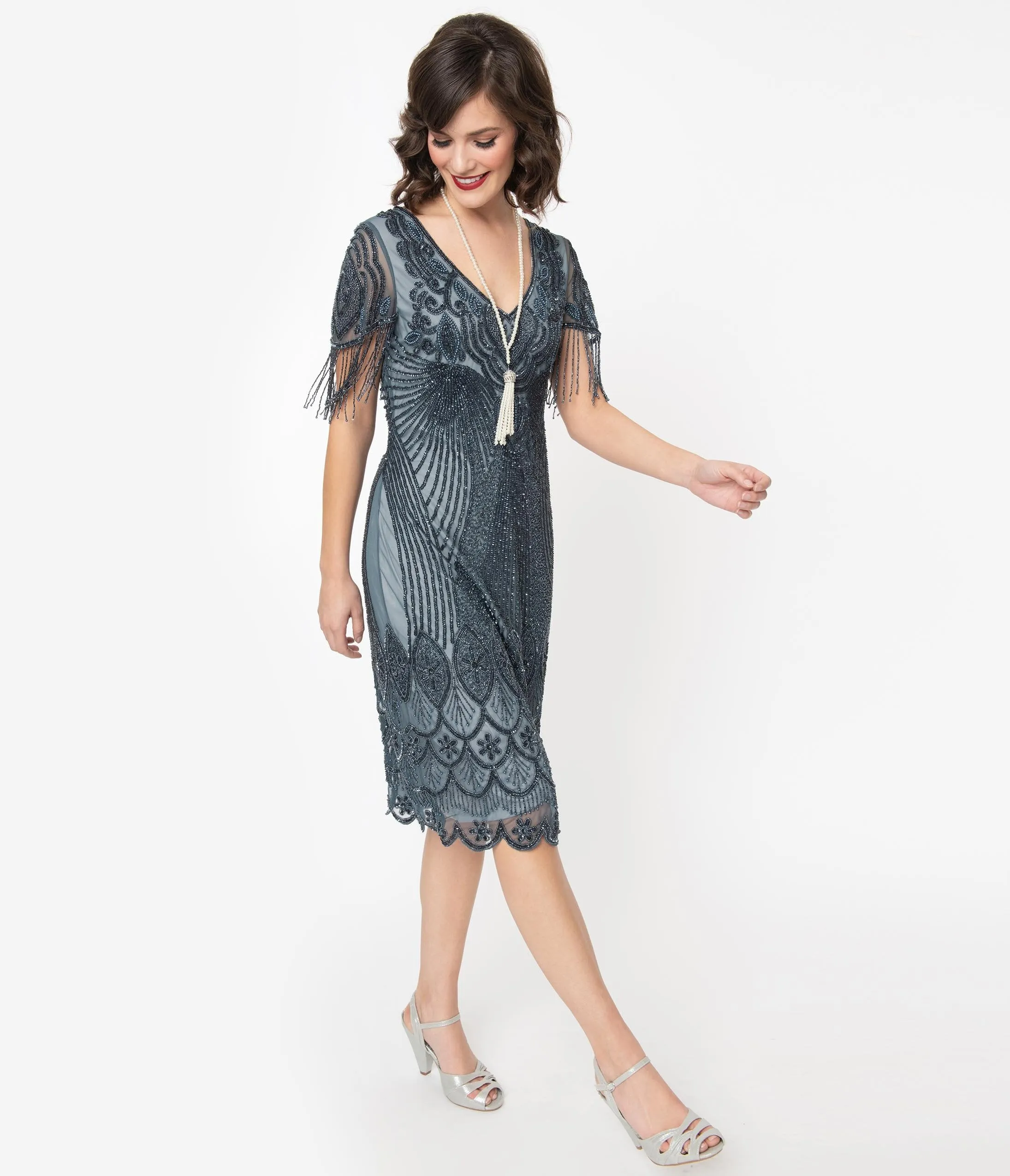 1920s Blue Grey Beaded Marta Flapper Dress