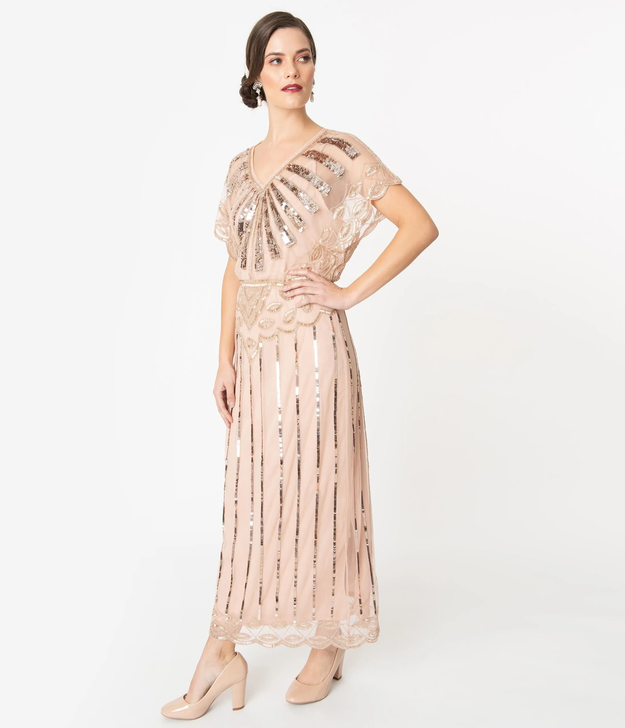 1920s Blush Pink Deco Angelina Maxi Flapper Dress