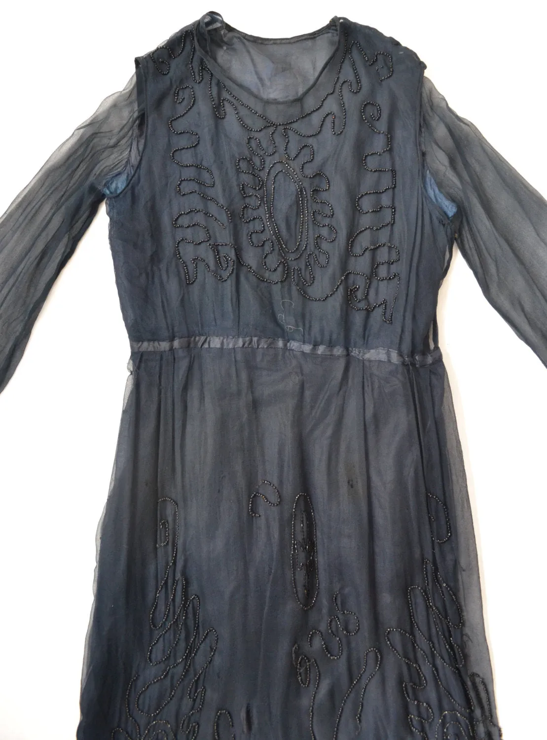 1920s Navy Silk Beaded Flapper Dress