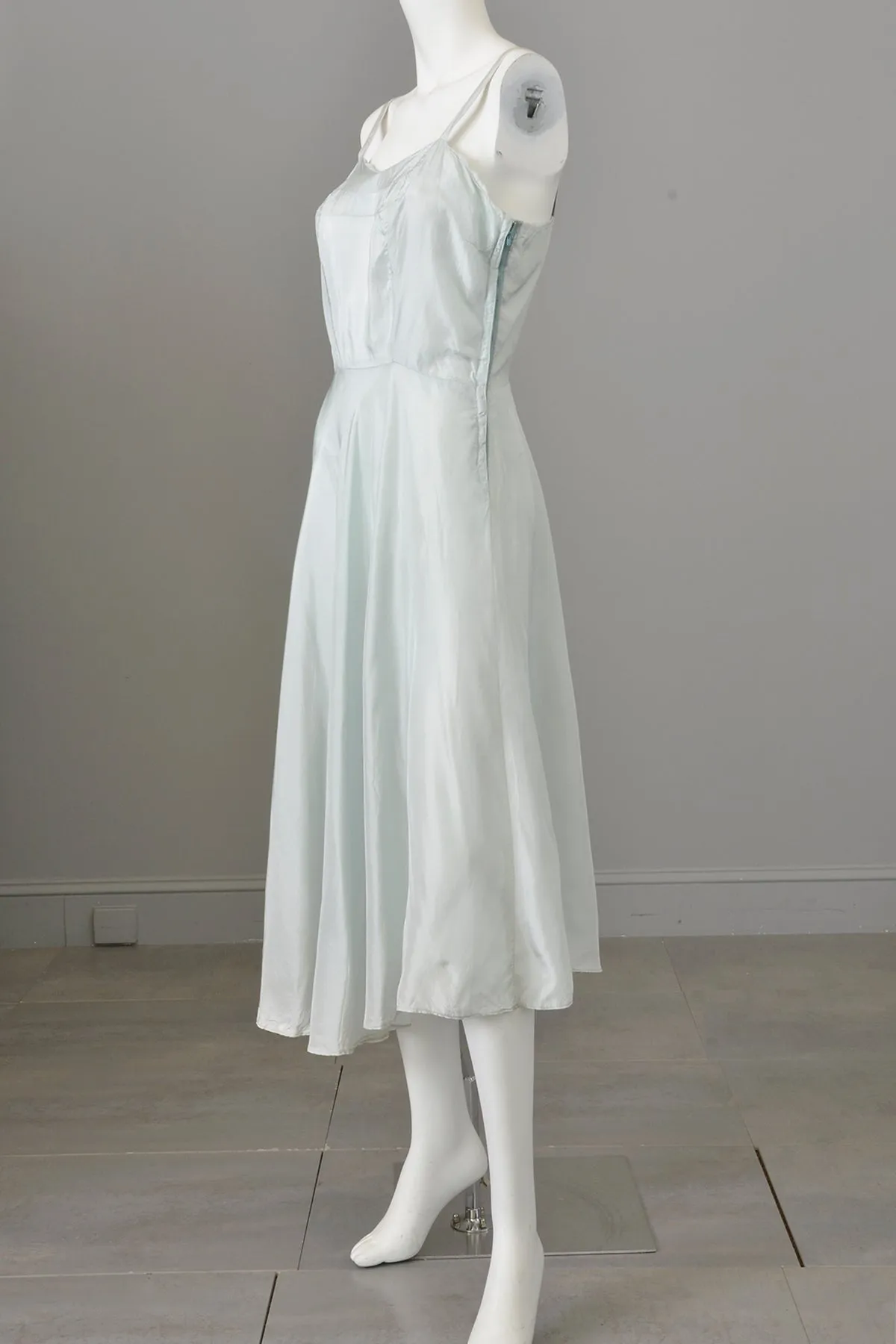 1940s Pale Blue Medallion   Bow Print Puff Sleeve Semi-Sheer Dress and Slip