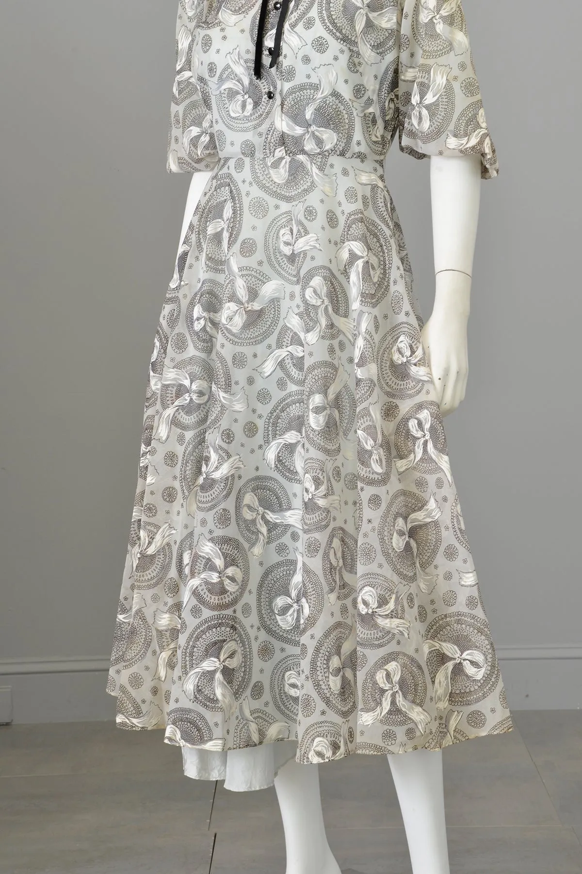 1940s Pale Blue Medallion   Bow Print Puff Sleeve Semi-Sheer Dress and Slip