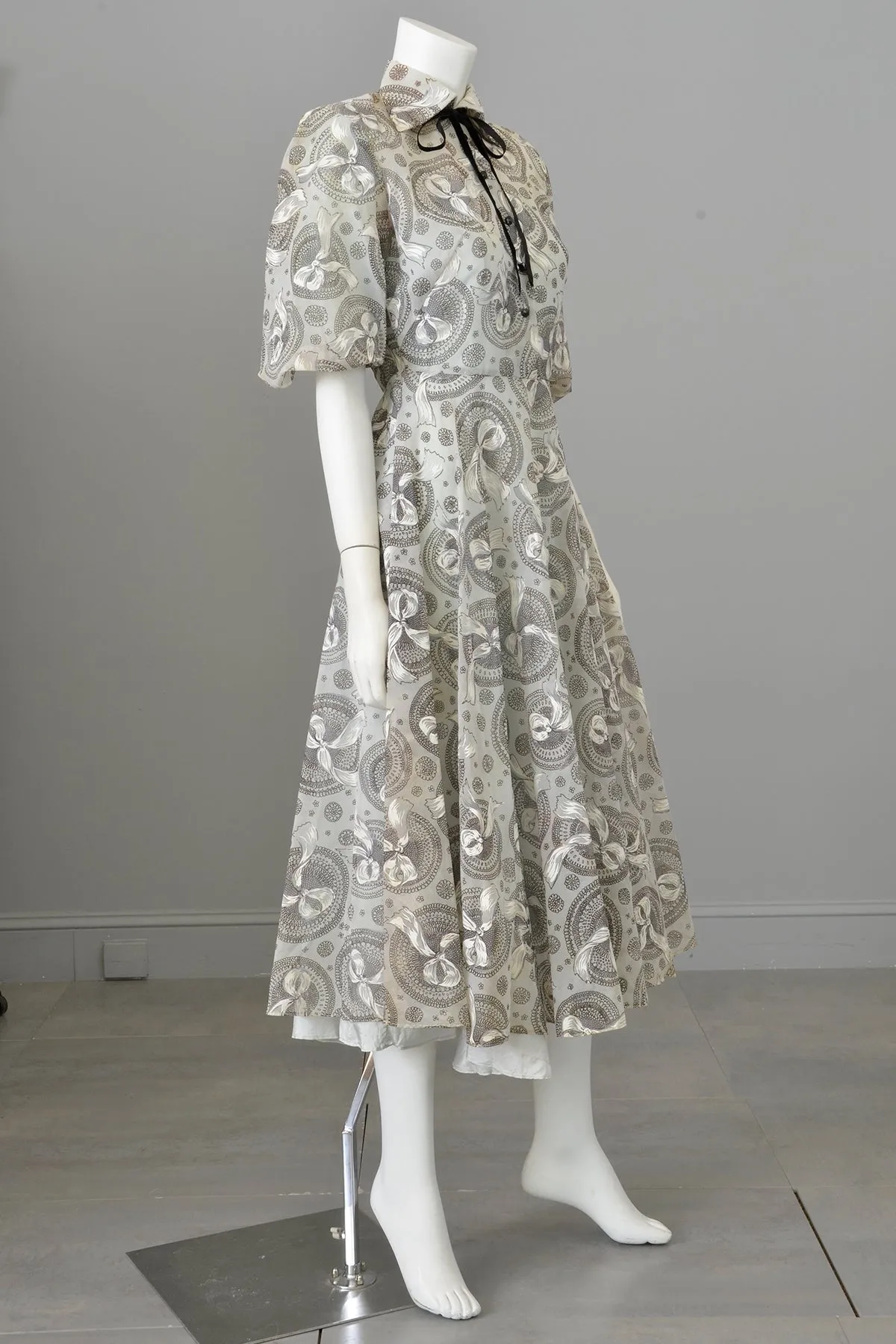 1940s Pale Blue Medallion   Bow Print Puff Sleeve Semi-Sheer Dress and Slip