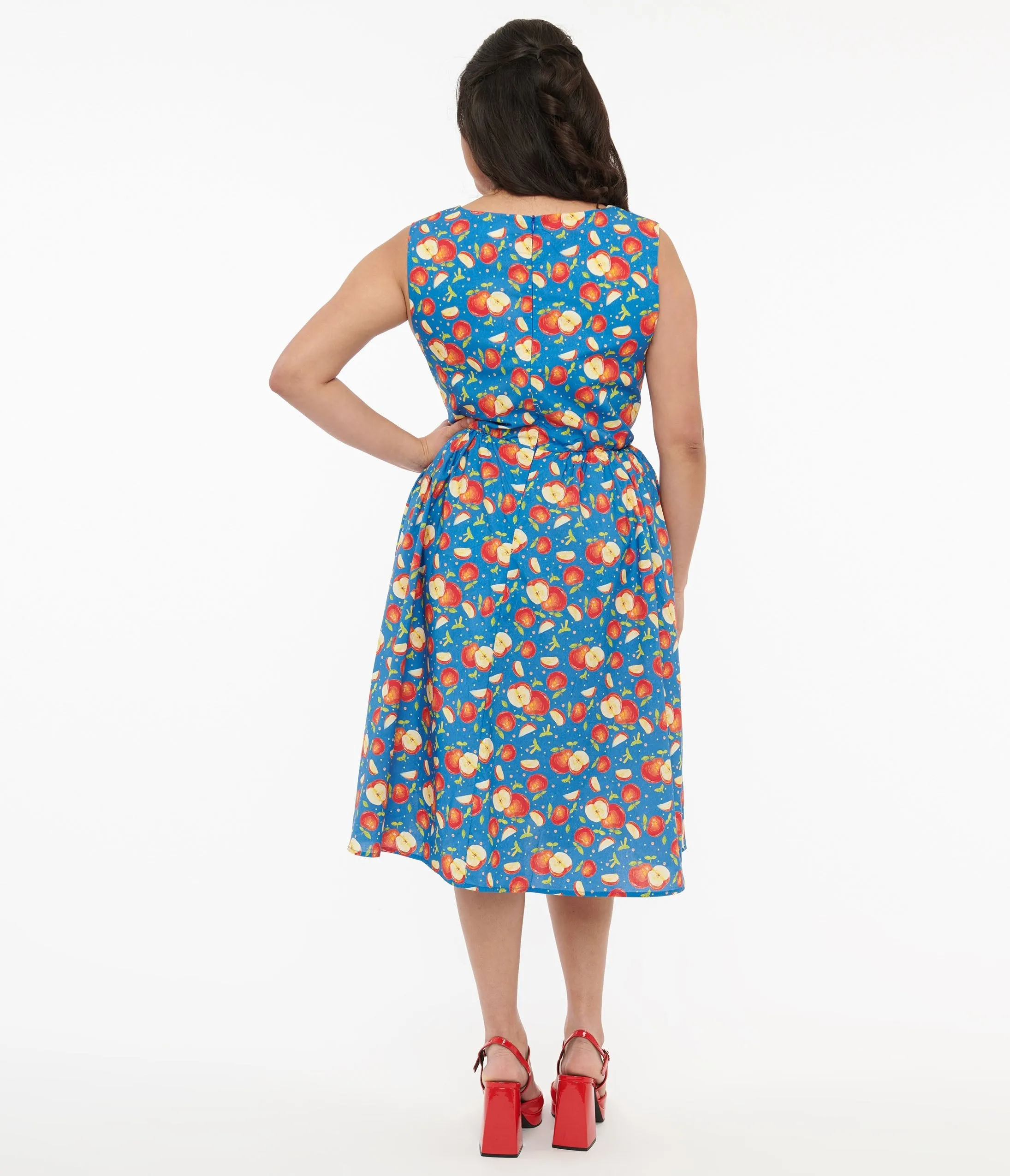 1950s Blue & Red Apple Print Cotton Swing Dress