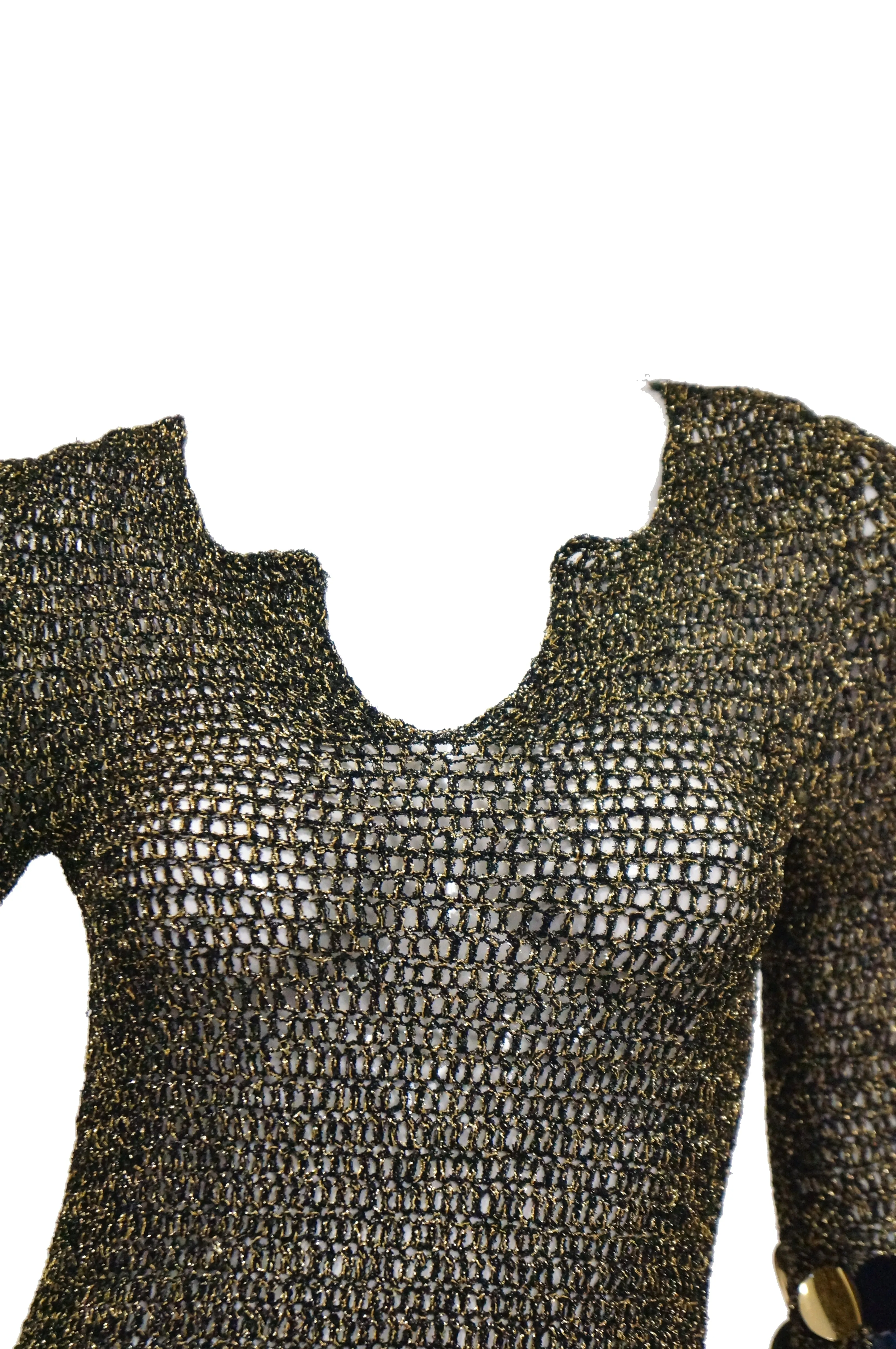 1960s Metallic Gold and Black Knit Wear Mini Dress