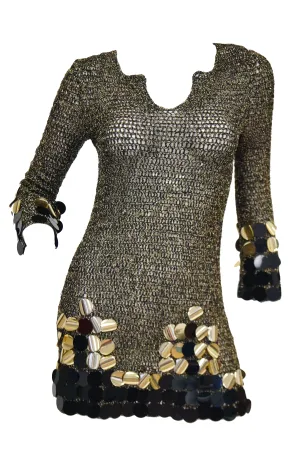 1960s Metallic Gold and Black Knit Wear Mini Dress