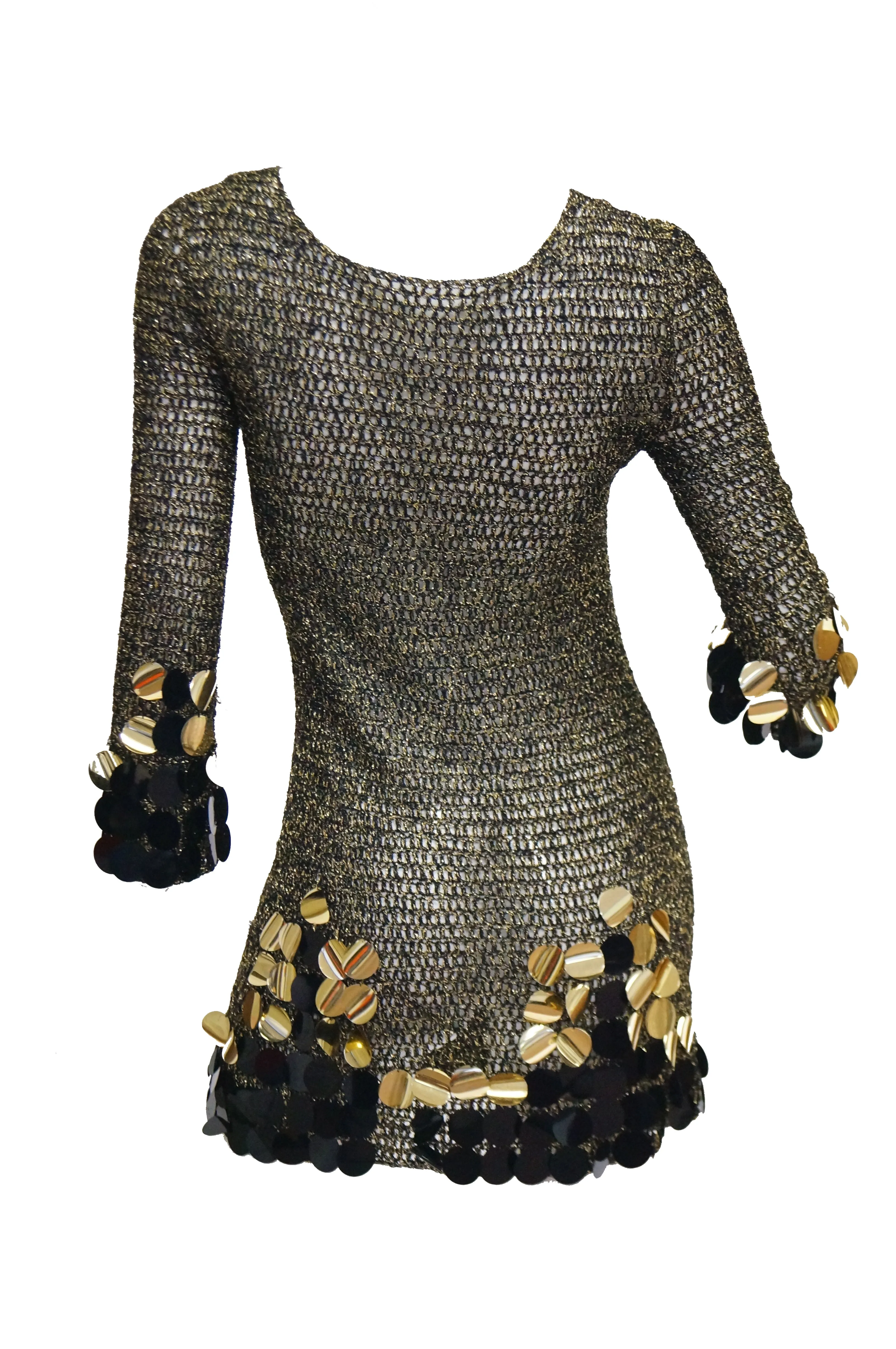 1960s Metallic Gold and Black Knit Wear Mini Dress