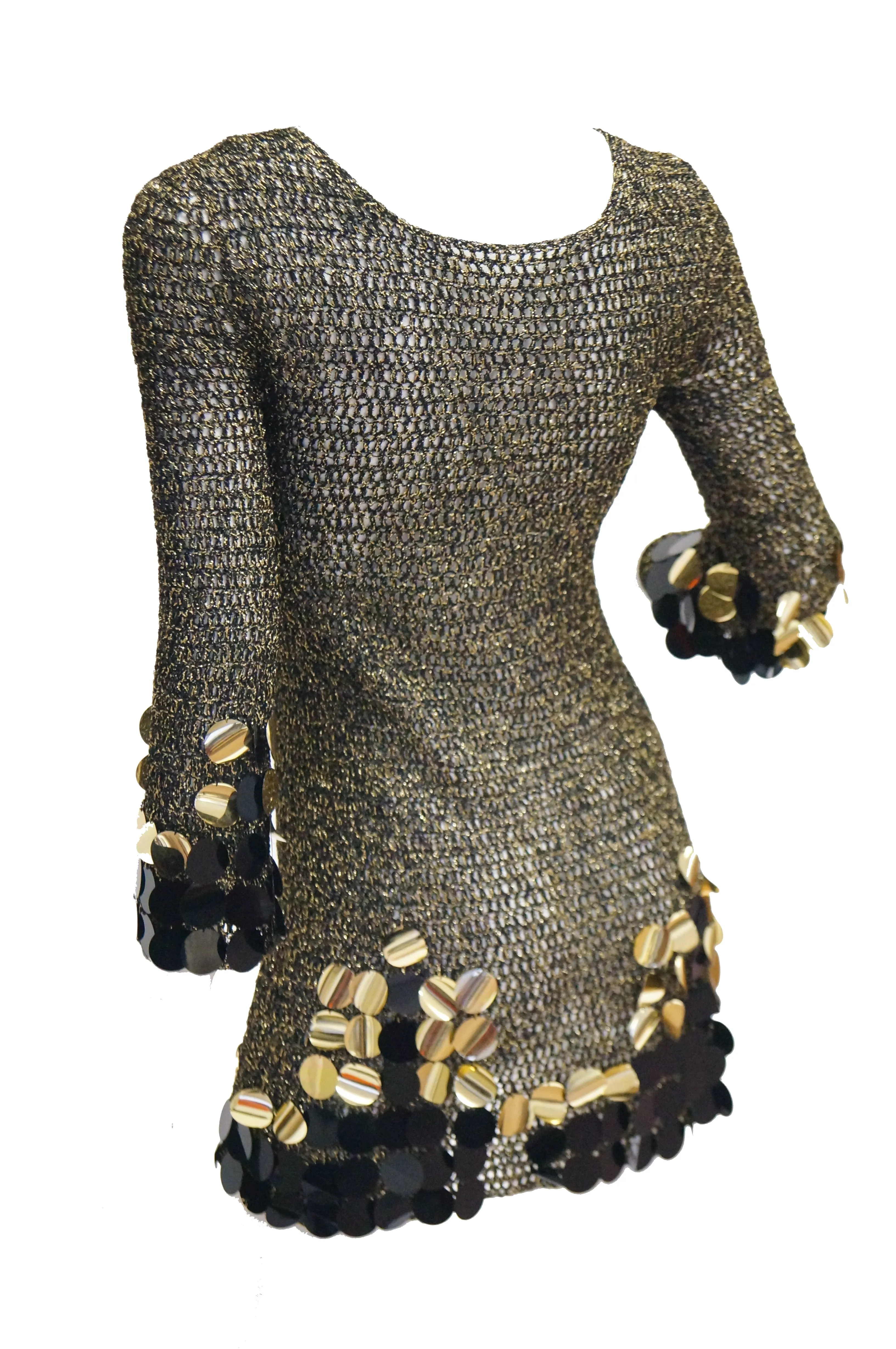 1960s Metallic Gold and Black Knit Wear Mini Dress