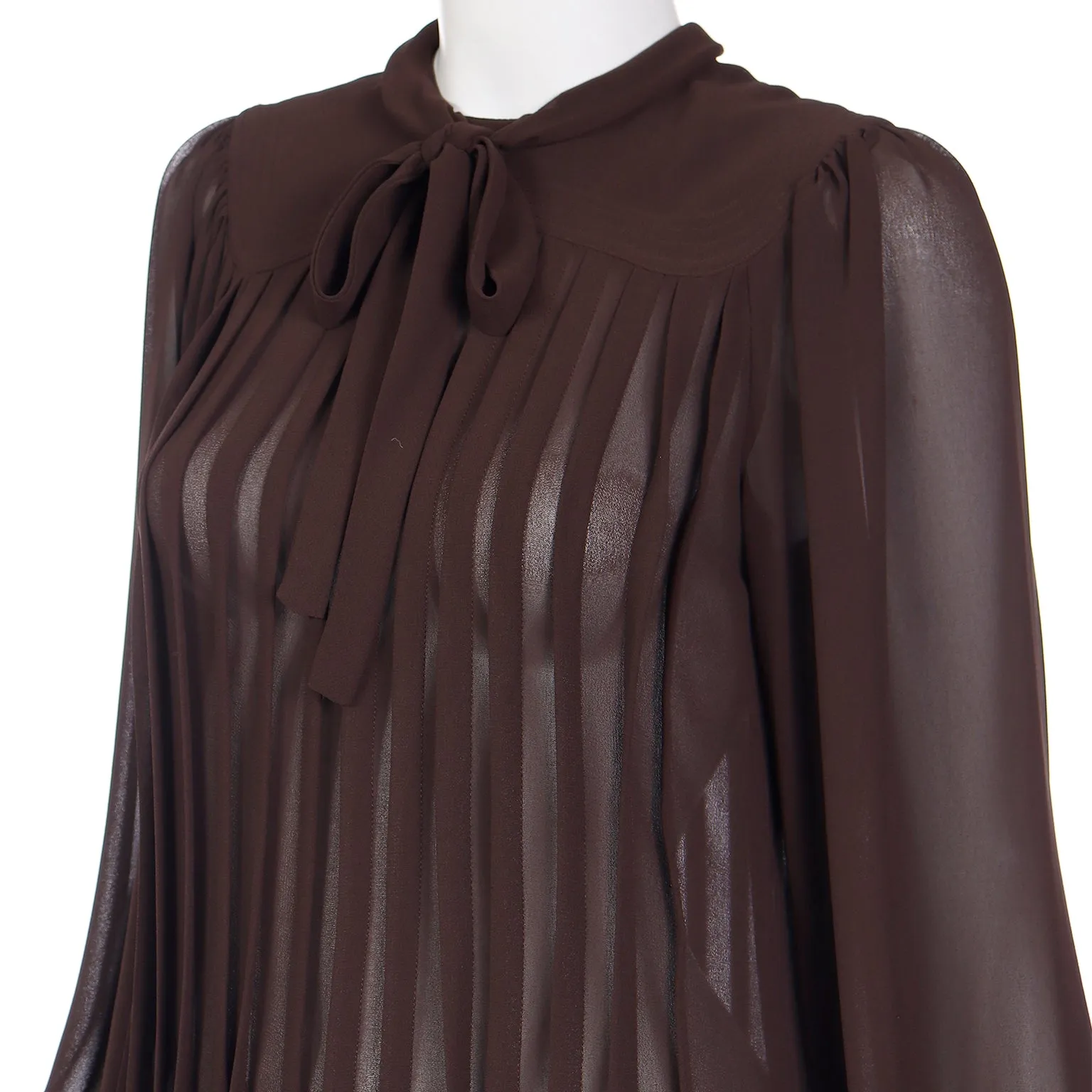 1970s Albert Nipon Sheer Brown Pleated Crepe Dress