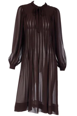 1970s Albert Nipon Sheer Brown Pleated Crepe Dress