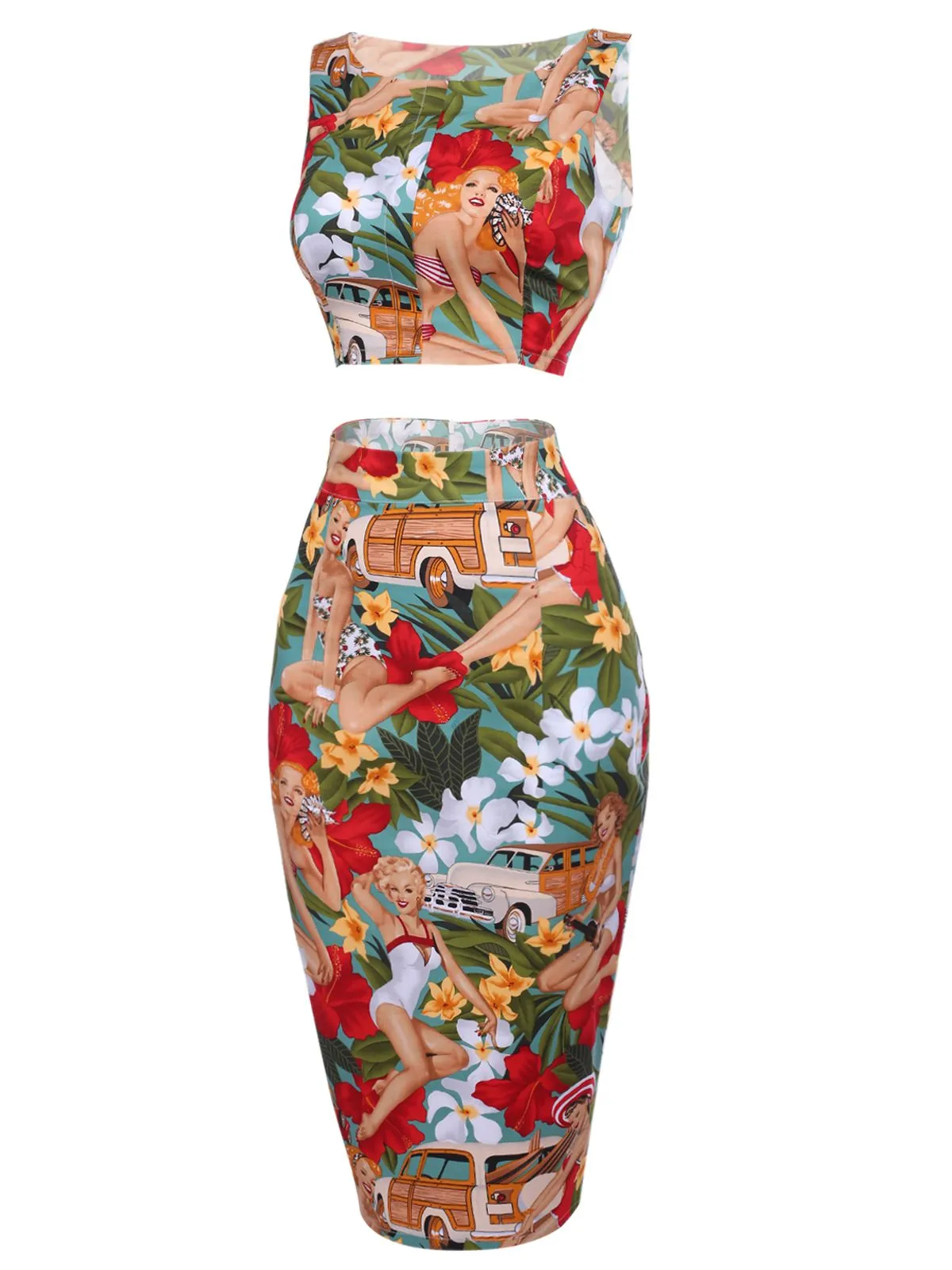 2PCS 1960s Latest Lady Crop Top & Pencil Skirt