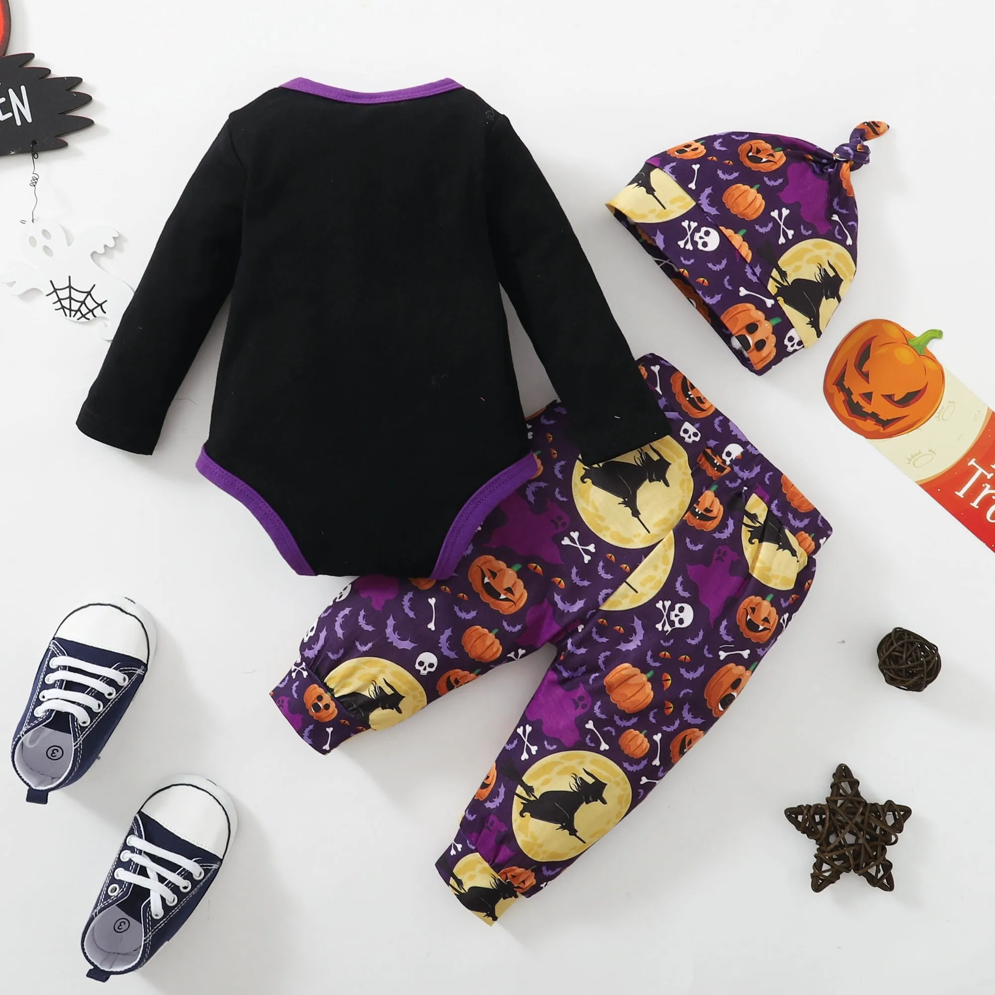 3PCS Baby Halloween Pumpkin and Witch Long-sleeve Romper Set with Hat