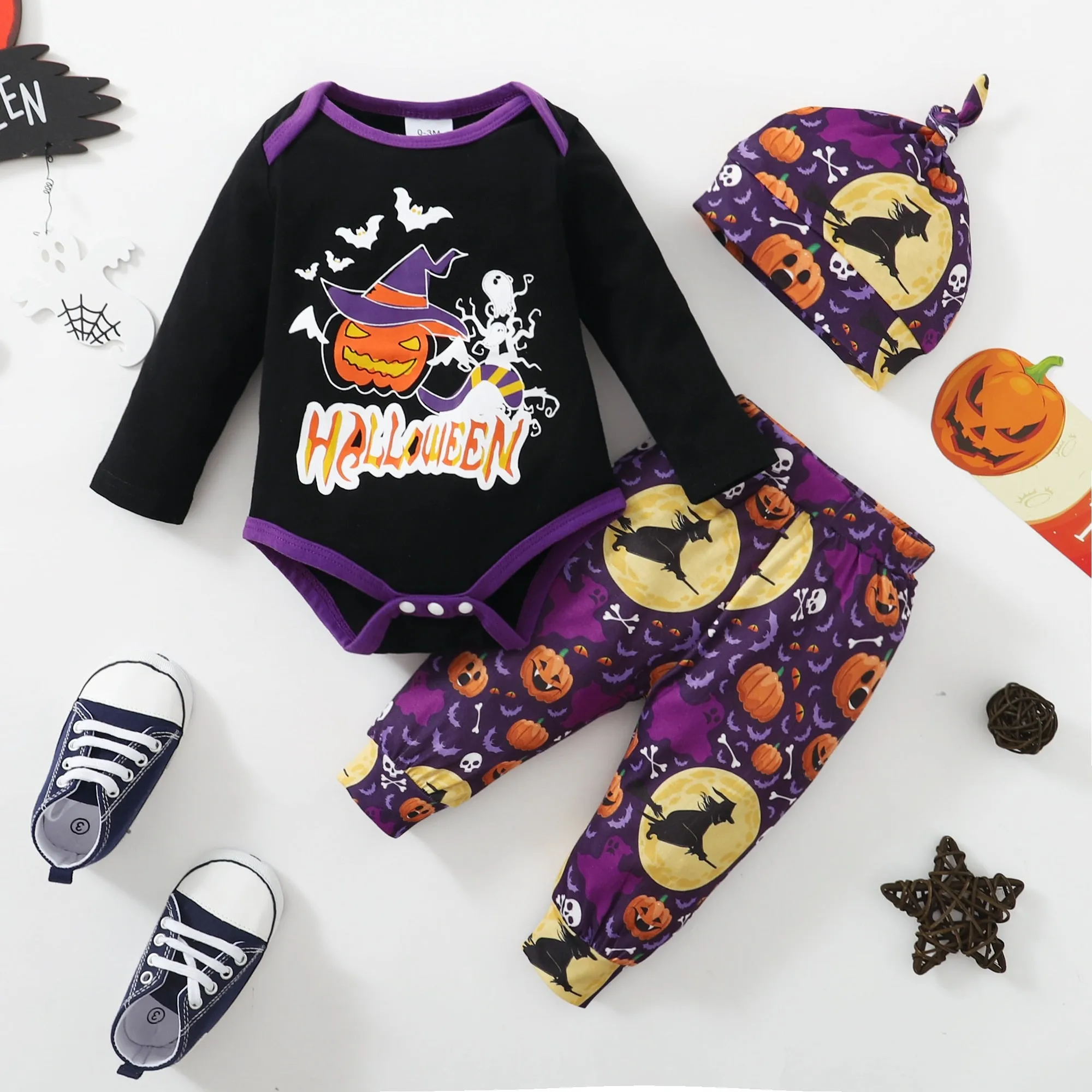 3PCS Baby Halloween Pumpkin and Witch Long-sleeve Romper Set with Hat