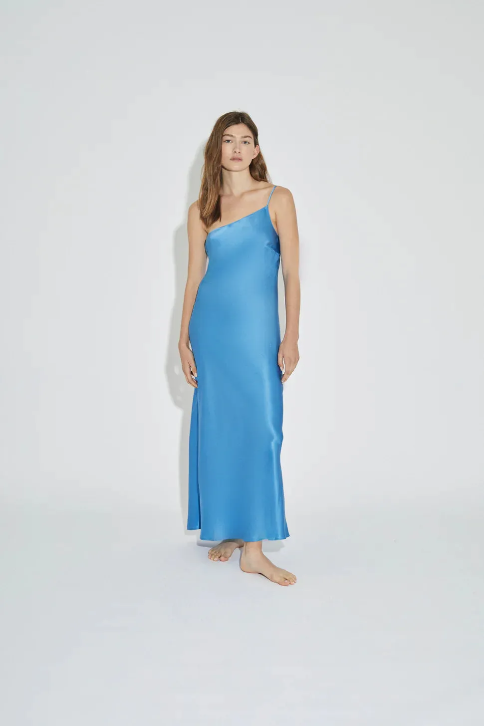 ASYMETRICAL MAXI SLIP DRESS - AZURE BLUE