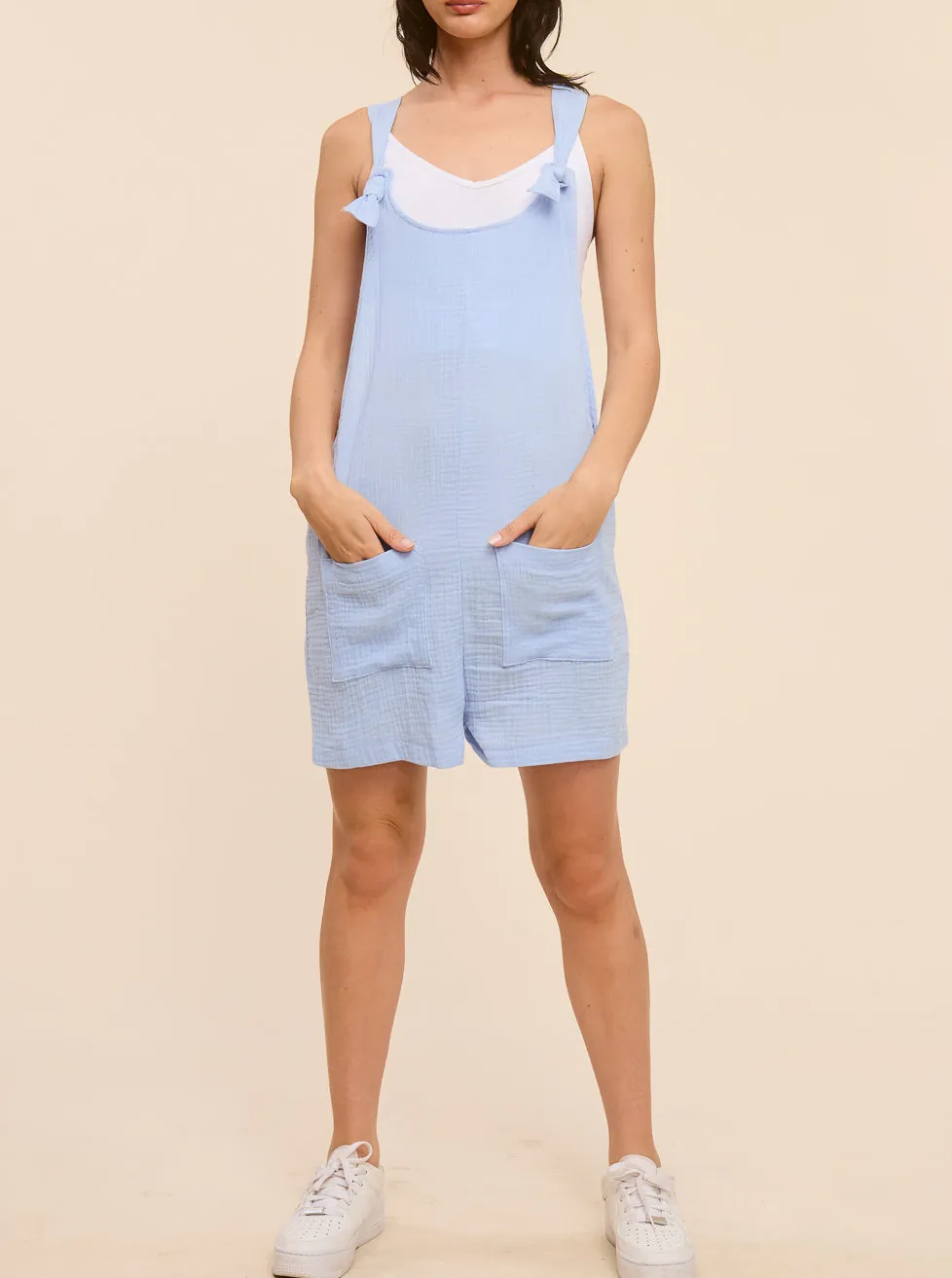 Bayleigh Front Tie Cotton Gauze Romper in Sky Blue