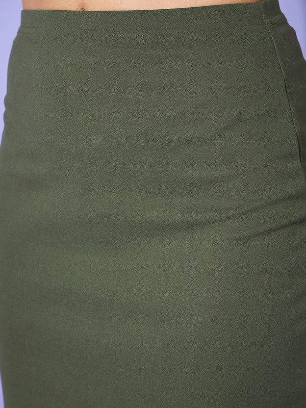 Berrylush Women Solid Olive Green High-Rise Waist Slip-On Straight Hem Knitted Pencil Mini Skirt