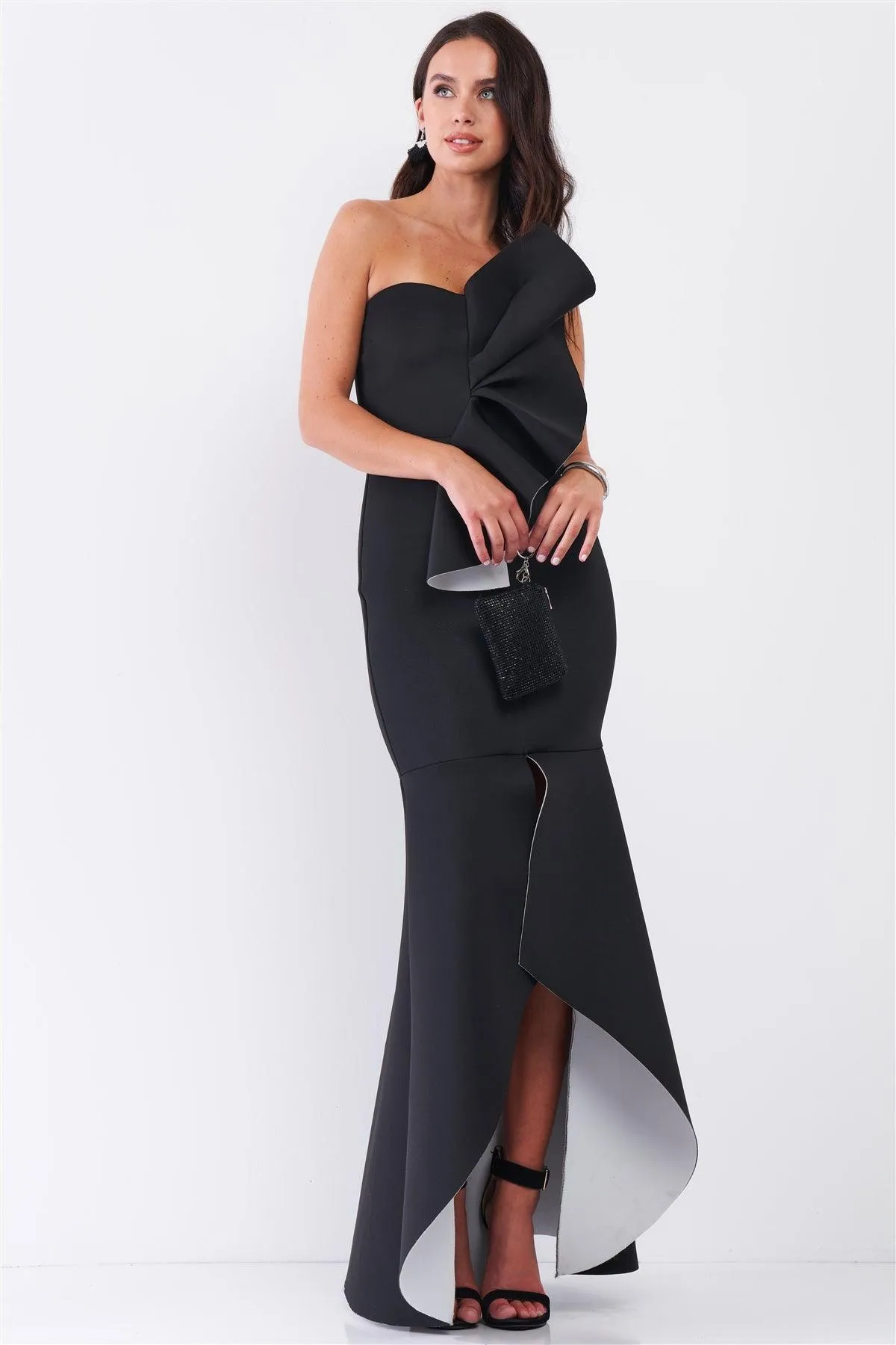 Black And White Draped Front Strapless Front Slip Mermaid Maxi Dress /3-2