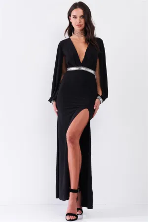 Black Deep Plunged V-Neck Long Slit Sleeve Rhinestone Decorated Waist And Wrist Side Slit Maxi Dress /3-2-1