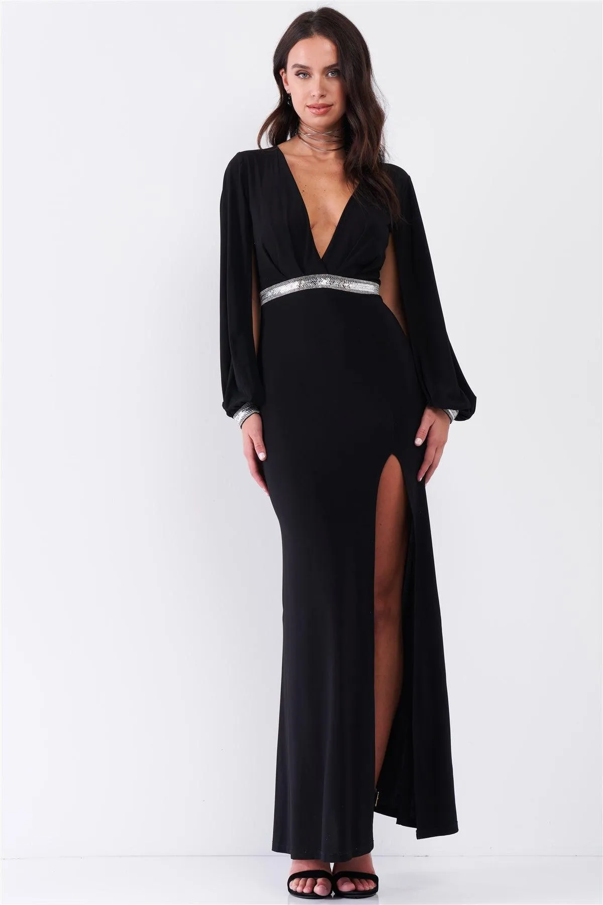 Black Deep Plunged V-Neck Long Slit Sleeve Rhinestone Decorated Waist And Wrist Side Slit Maxi Dress /3-2-1