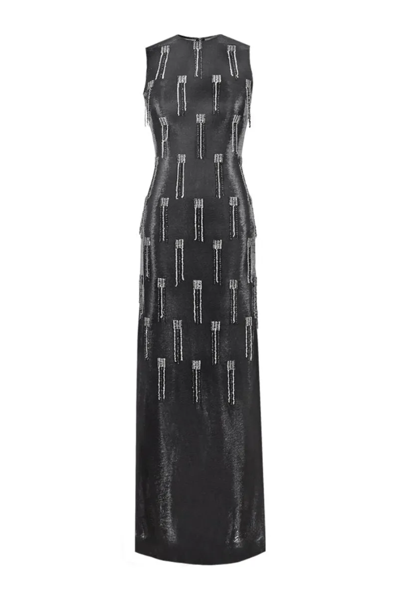 BLACK LUREX-TULLE SEQUIN TASSEL MAXI DRESS