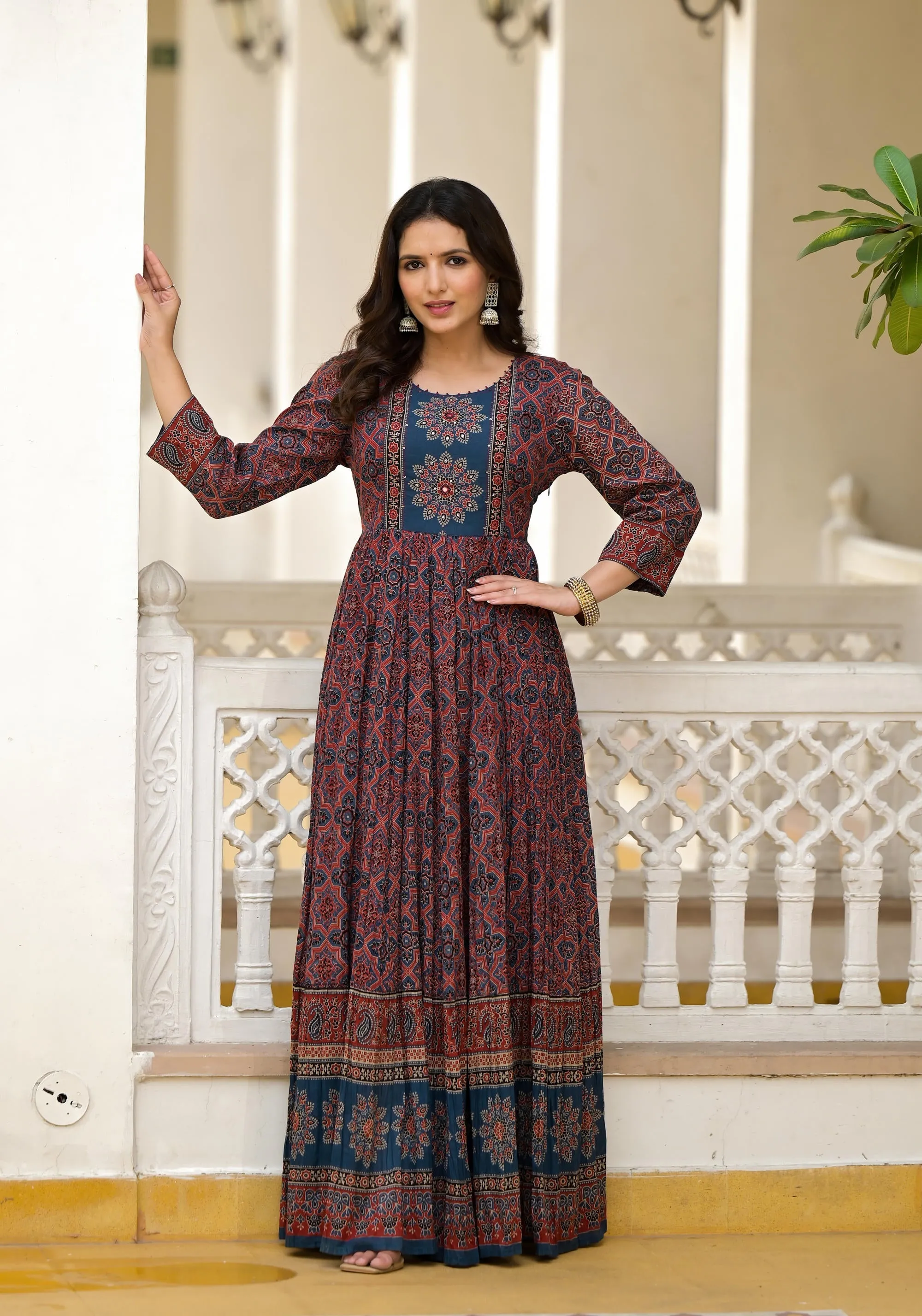 Blue Ethnic Motif Printed Cotton Dress With Sequins & Beads