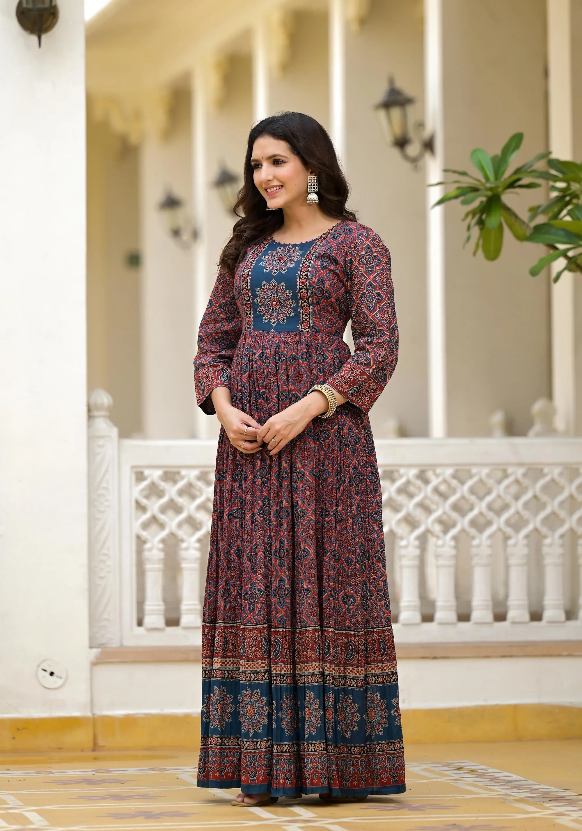 Blue Ethnic Motif Printed Cotton Dress With Sequins & Beads