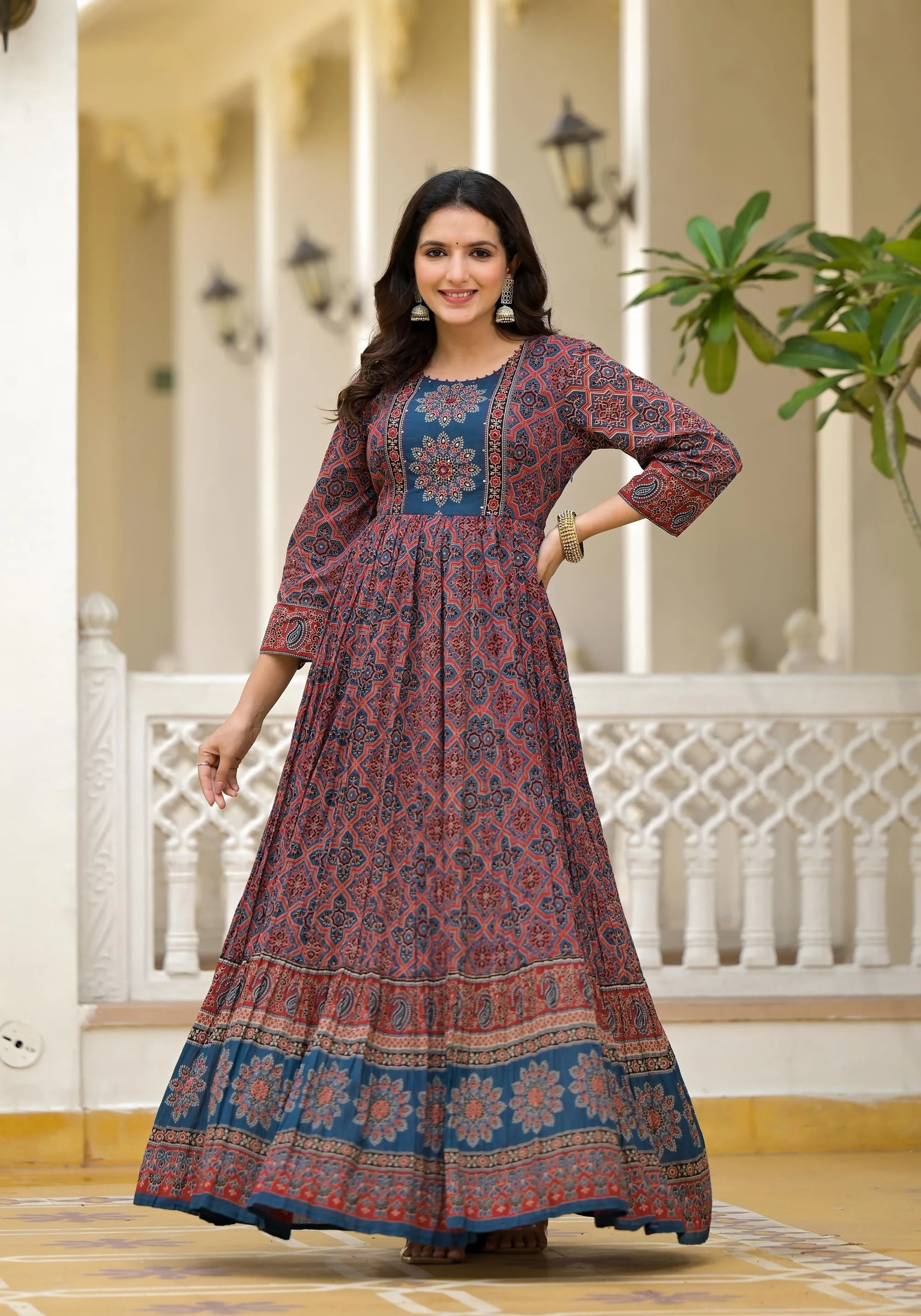 Blue Ethnic Motif Printed Cotton Dress With Sequins & Beads