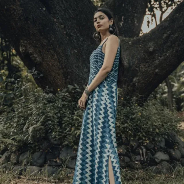 Blue Indigo Hand Block Cotton Patchwork Block Print Slip Dress