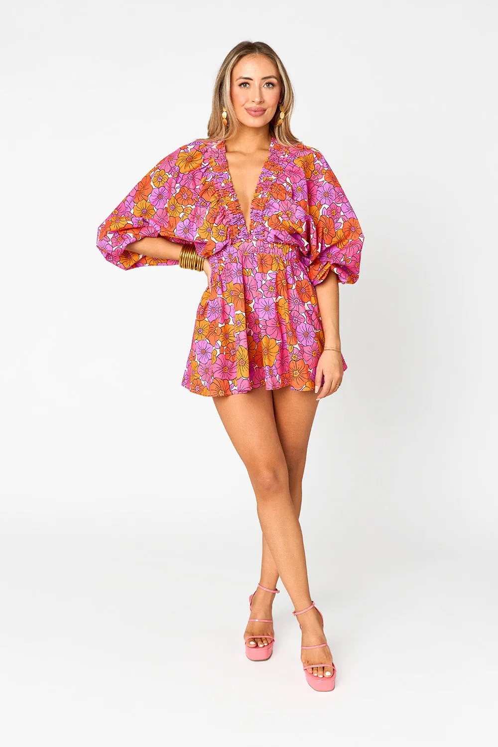 BUDDYLOVE- PALM BEACH PLUNGE NECK ROMPER - TANGERINE