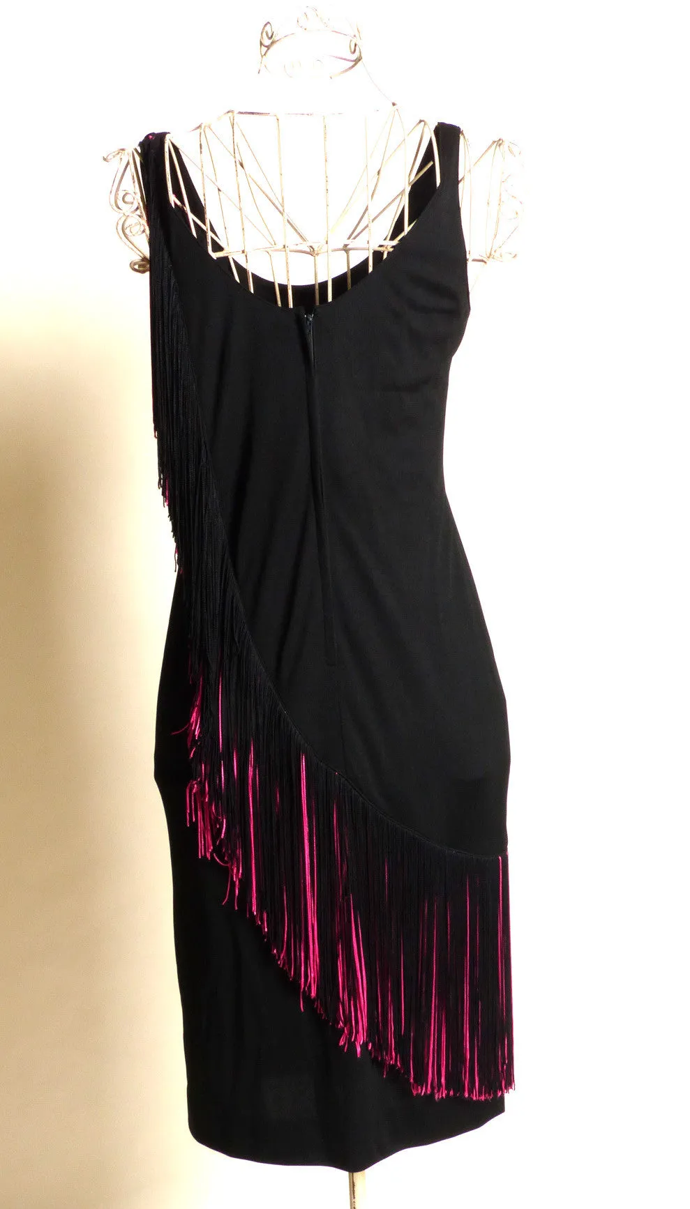 Circa 1970s/1980s Lilli Diamond of California Black and Pink Fringed Dress