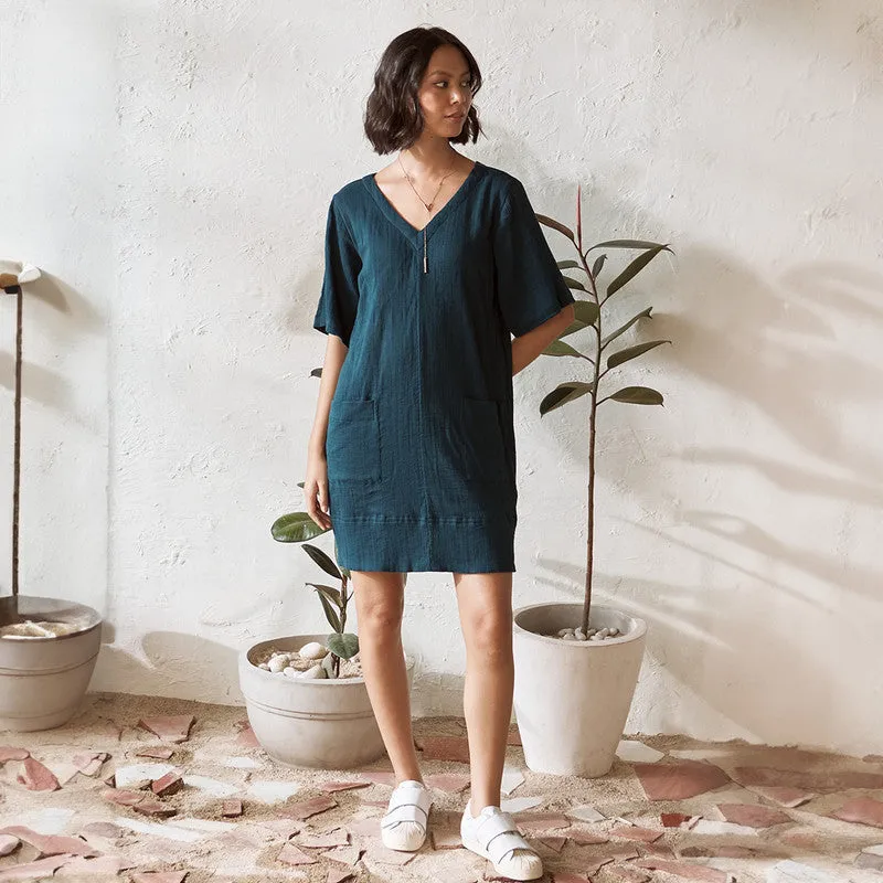 Cotton Solid Short Dress For Women | Double Pocket | Blue