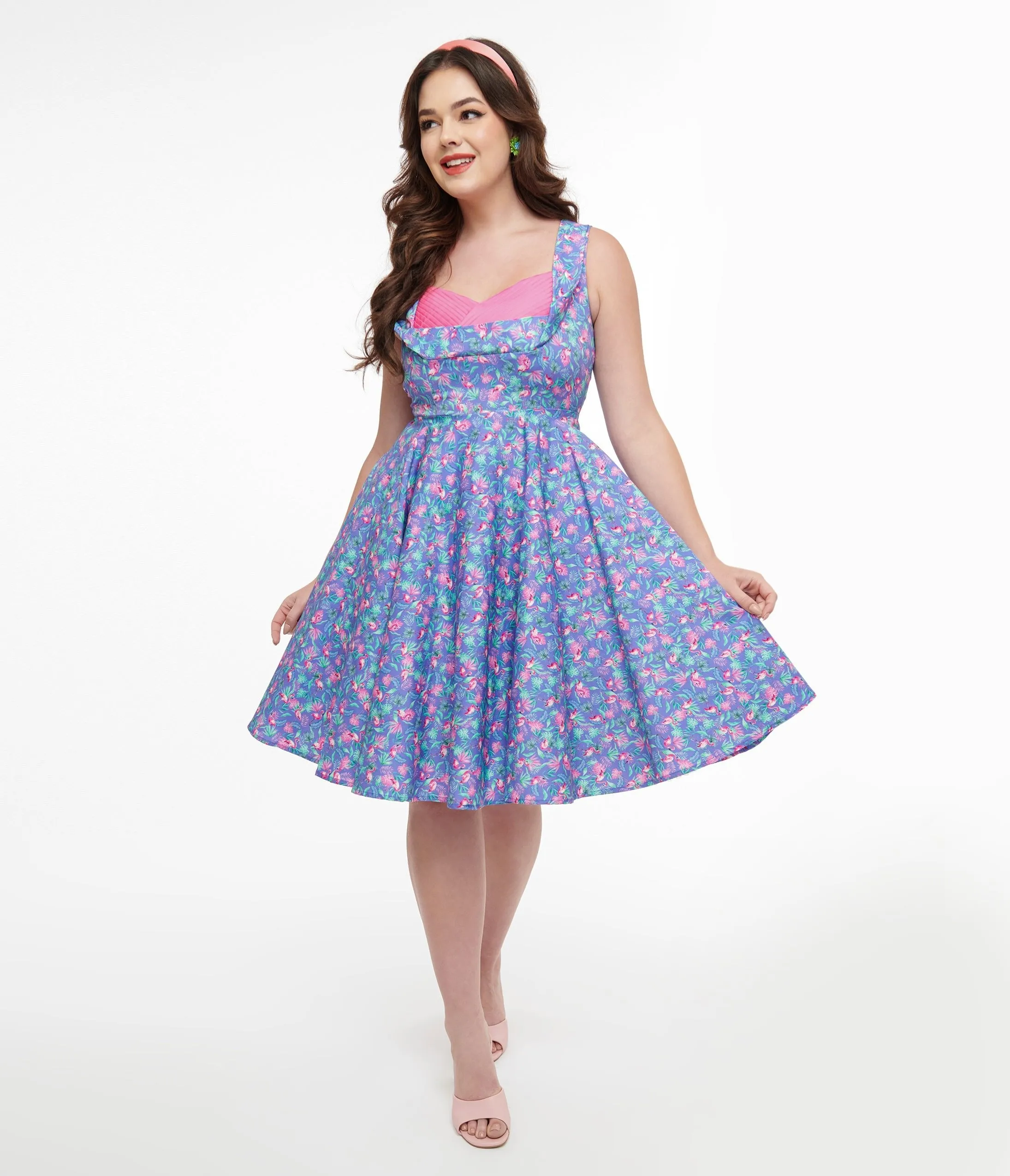 Dolly & Dotty 1950s Purple & Pink Flamingo Leaf Print Grace Swing Dress