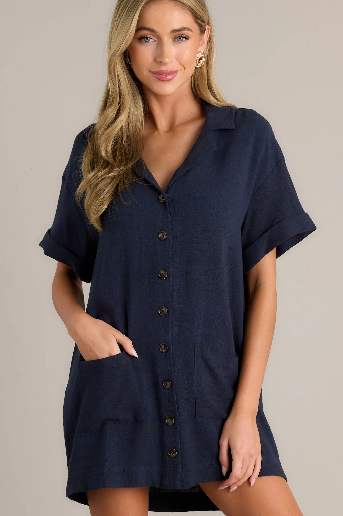 Effortless Selection Navy Button Front Mini Shirt Dress