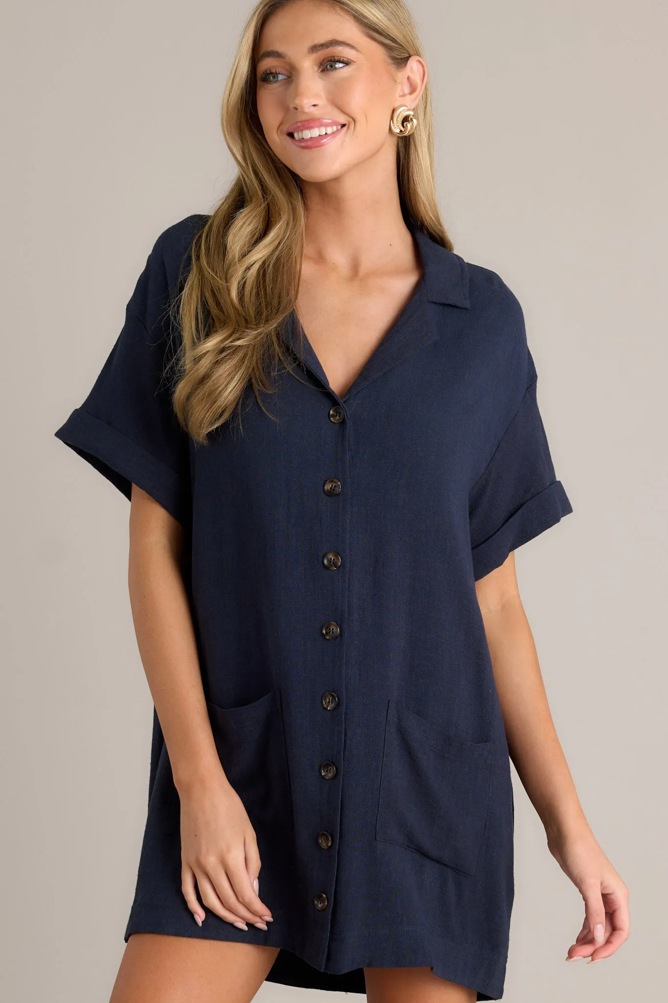 Effortless Selection Navy Button Front Mini Shirt Dress