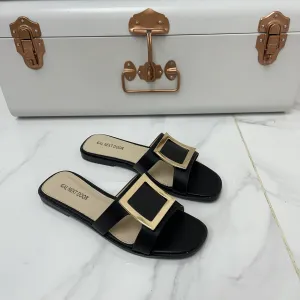 Esmerelda - Black With Gold Square Detail and Cut Outs Flat Slip On Sandals