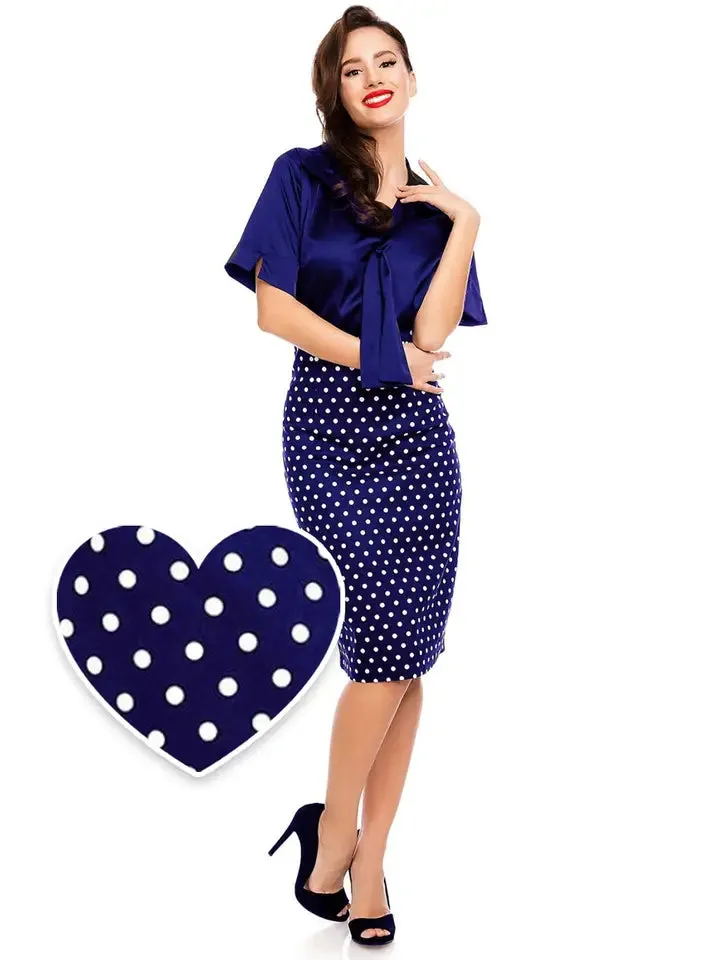 Falda Chic Pencil Polka Dot Skirt in Dark Blue by Dolly and Dotty