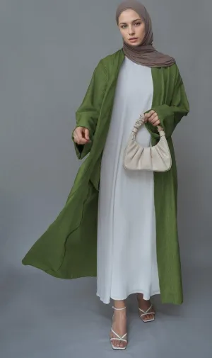 Green Lounia maxi throw over abaya in light linen fabric with a detachable belt