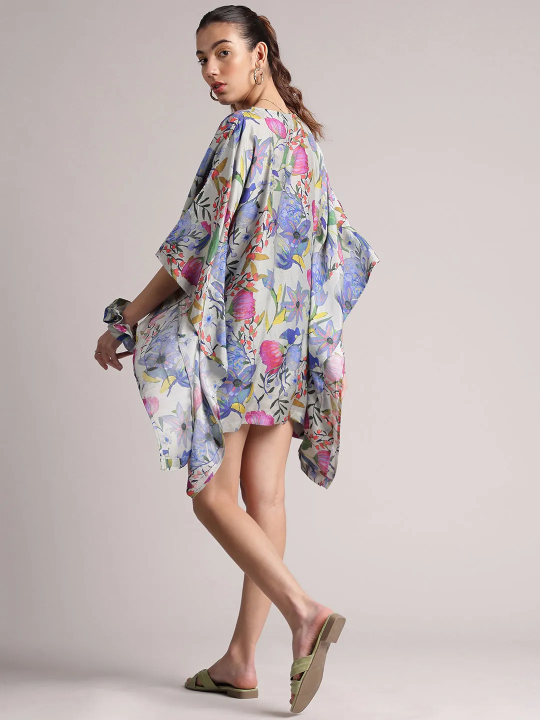 Grey Muslin Tropical Kaftan Dress