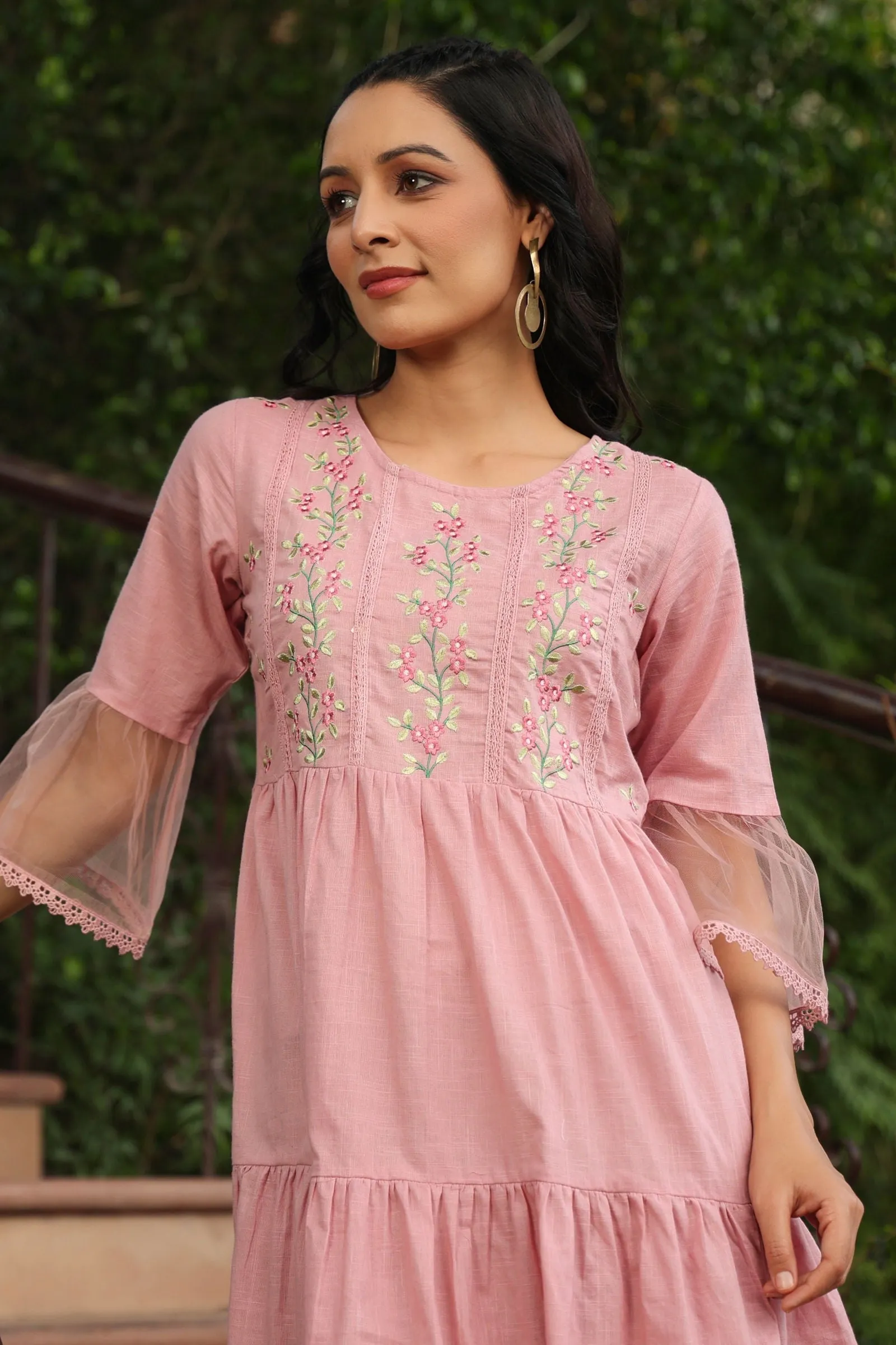 Jashvi Blush Pink Floral Printed Cotton Slub Tiered Short Dress With Thread Work Embroidery