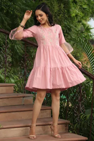 Jashvi Blush Pink Floral Printed Cotton Slub Tiered Short Dress With Thread Work Embroidery