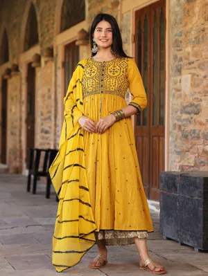 Jashvi Mustard & Black Cotton  Embroidered Anarkali Dress With Jacket & Tie-Dye Dupatta