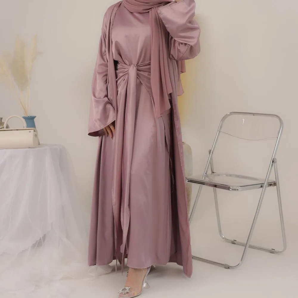 Lunamia three piece abaya with slip dress apron piece and throw over in satin fabric