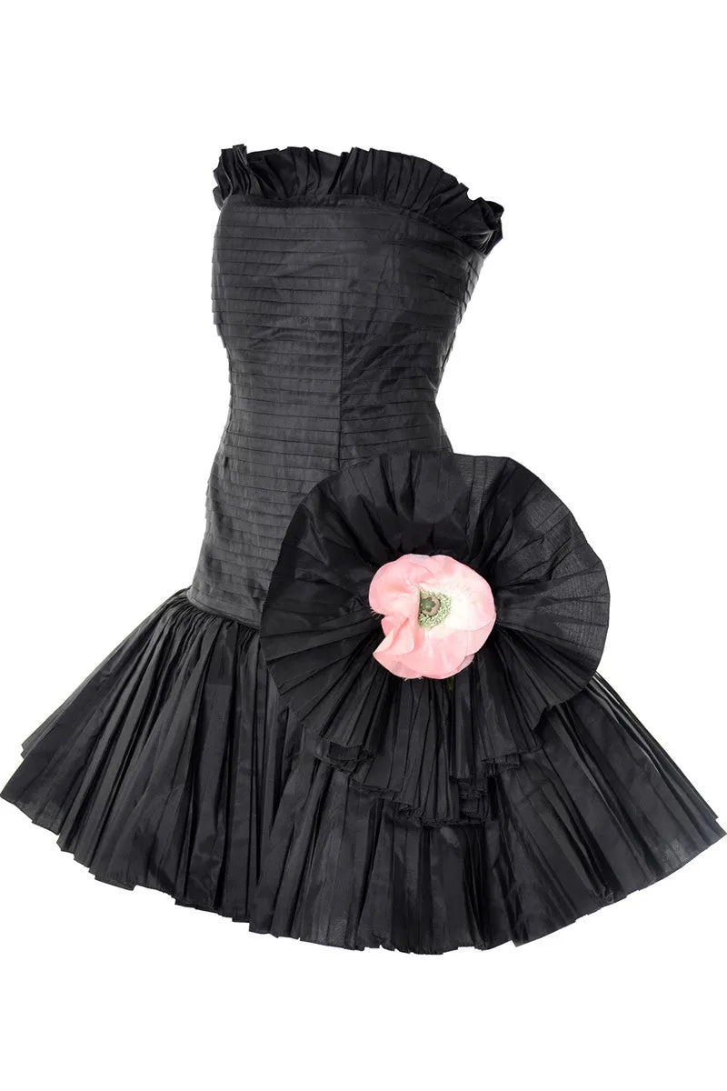 Oscar de la Renta 1980s Vintage Dress Strapless Black Pleated Statement