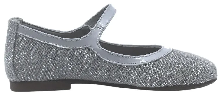 Papanatas by Eli Girl's Silver Metallic Linen with Patent Trim Mary Jane Flats