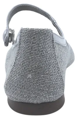 Papanatas by Eli Girl's Silver Metallic Linen with Patent Trim Mary Jane Flats