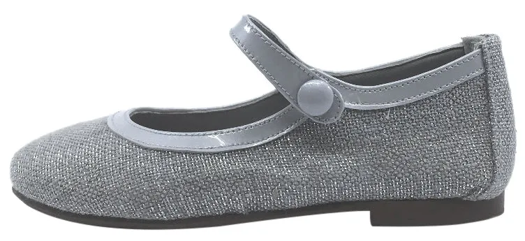 Papanatas by Eli Girl's Silver Metallic Linen with Patent Trim Mary Jane Flats