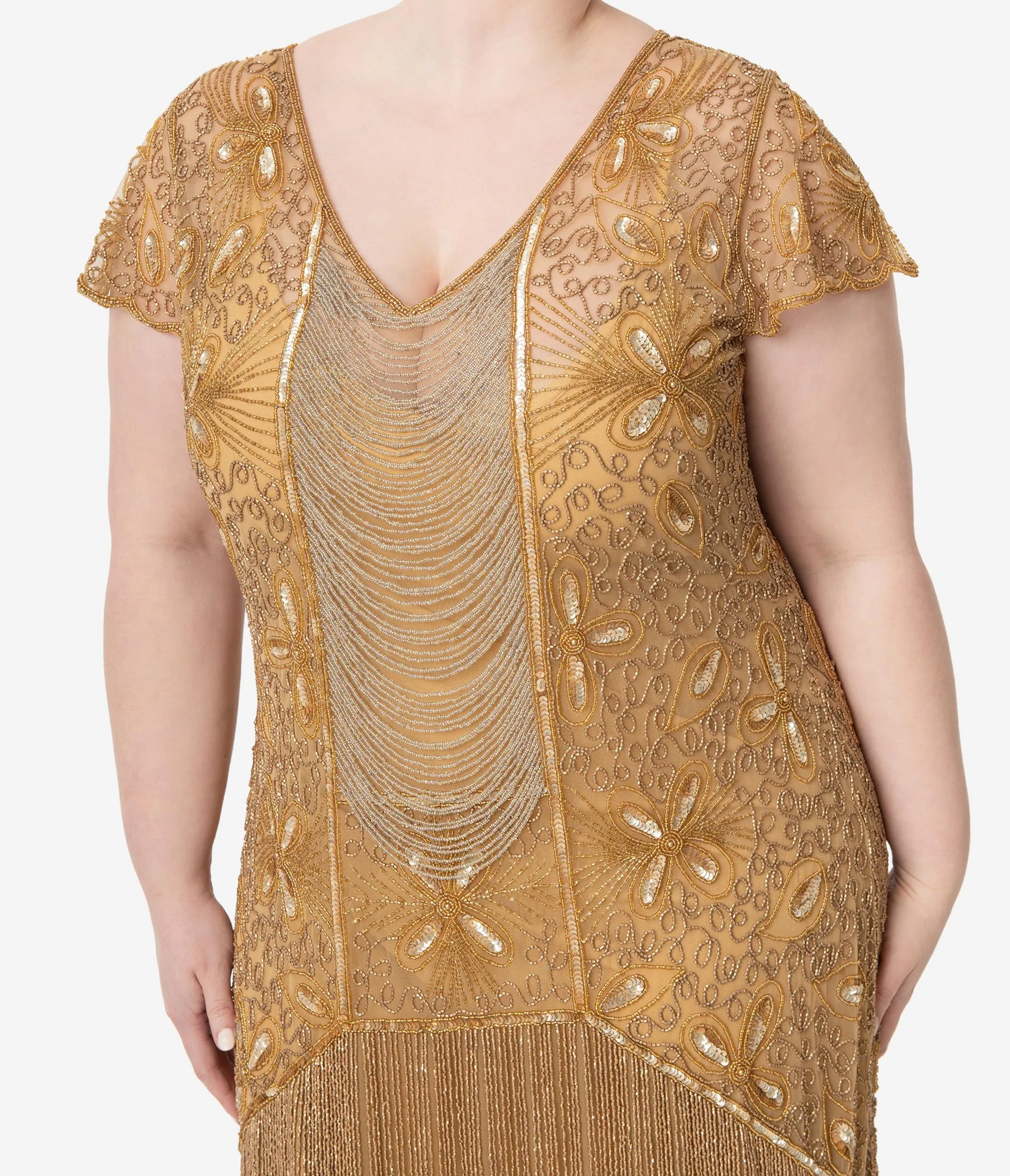 Plus Size 1920s Style Gold Beaded Edith Flapper Dress