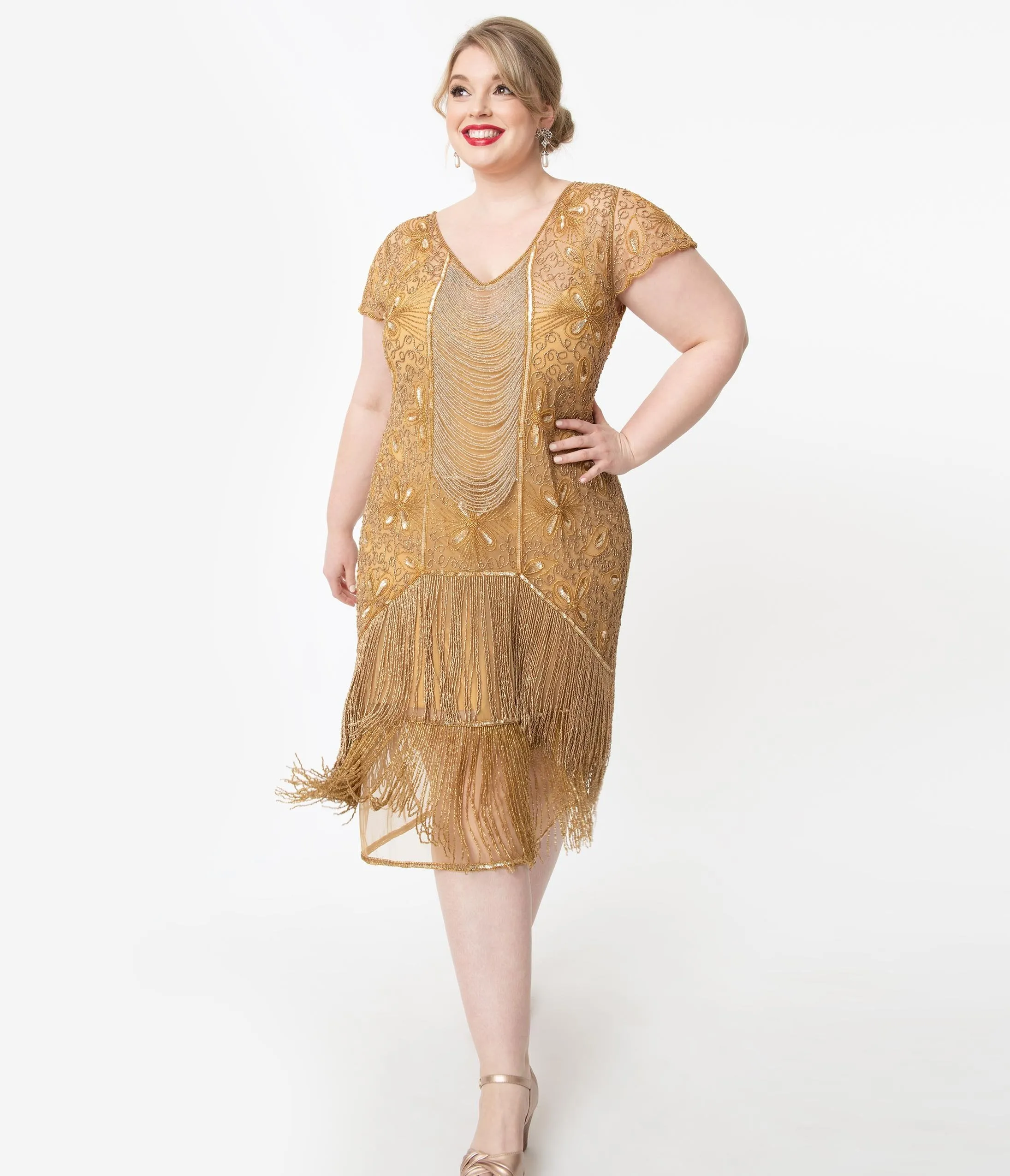 Plus Size 1920s Style Gold Beaded Edith Flapper Dress