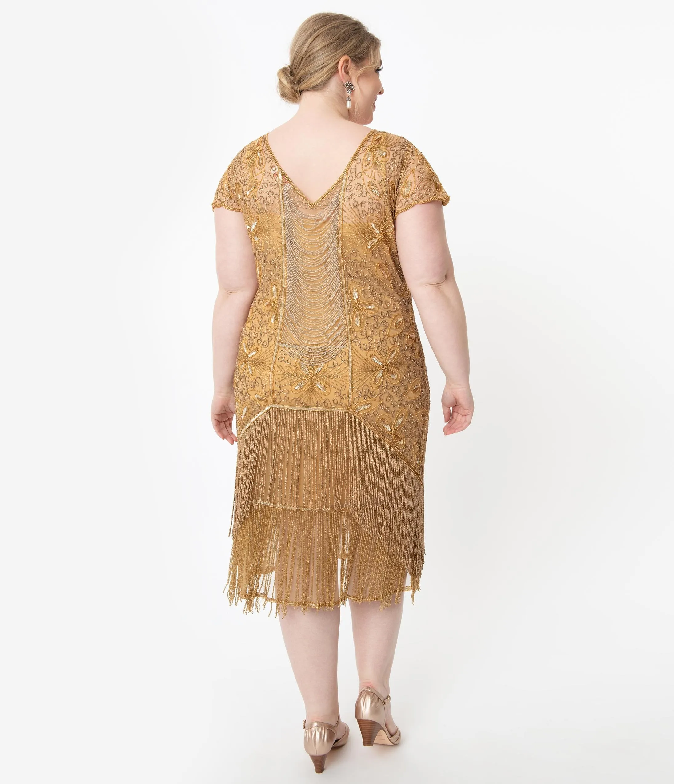 Plus Size 1920s Style Gold Beaded Edith Flapper Dress